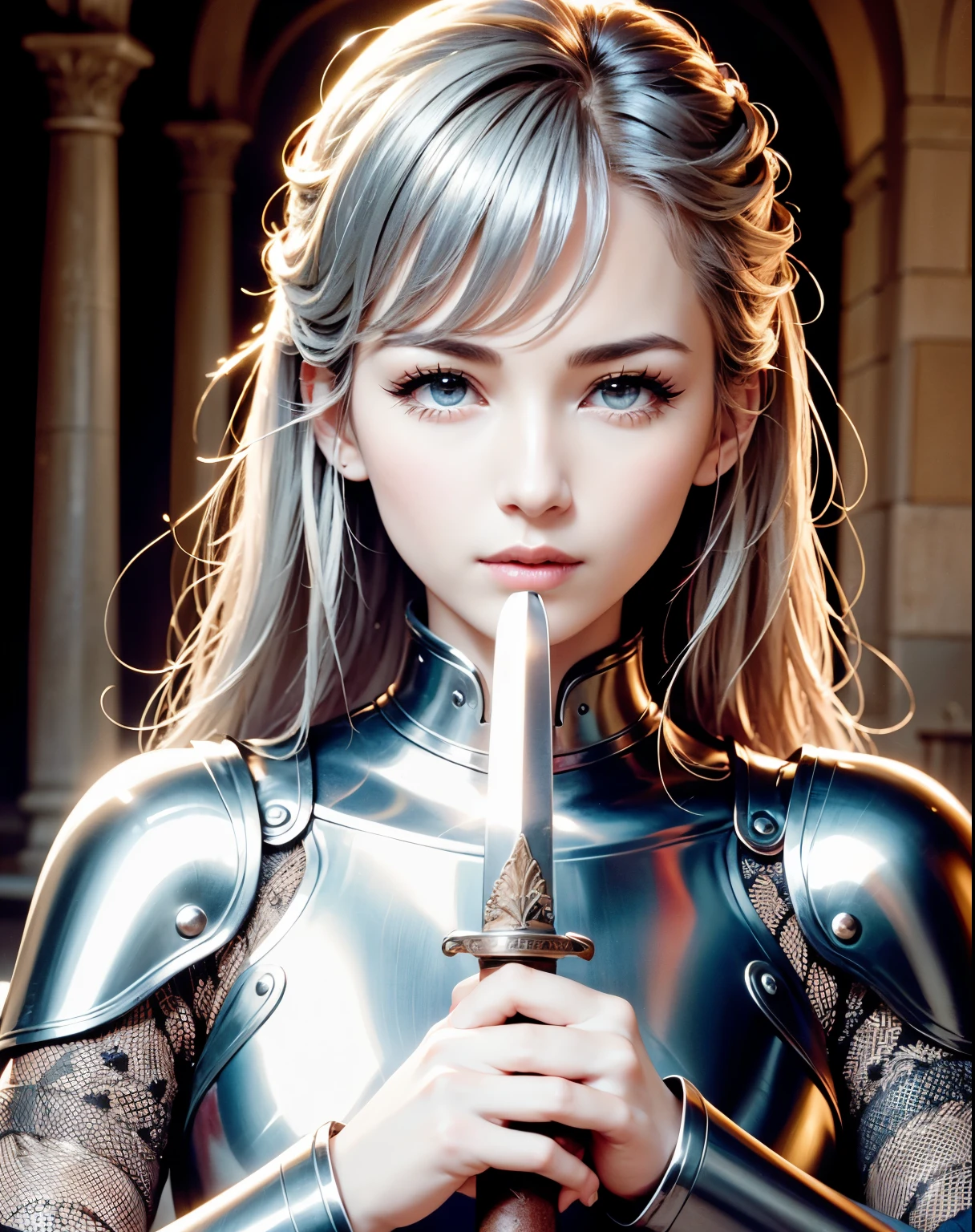 (Glowing Skin、Oily skin, Glowing Skin、Shiny skin,、eyeliner、eyelash)、(Tabletop, Highest quality),(Very complicated:1.3), (Realistic), One Girl, Mature Woman, White, Perfect Eyes, Perfect Iris, The perfect student, Perfect Lips,Perfect Nose, Perfect hands, Extremely elaborate hands, Perfect Fingers,(Light brown hair、bangs、Wavy Hair、Medium Hair、Big Breasts) , (Medieval Armor), Metal Reflection, (((Silver Armor))),((Silver Paladin Armor)), ((Silver Knight Armor Breastplate)), ((Shoulder rest)), (Silver Long Gauntlet Gloves),Medieval Europe、Inside the castle、indoor, (Ornately decorated armor), , Chain Mail, Detailed professional photos of beautiful women, Sharp focus, Awards, Cinema Lighting, Blurred Background, ((Confident)), (Pause:Looking into the camera),(Cool beauty),Cowboy Shot、(She holds a sword in her hand:1.2)