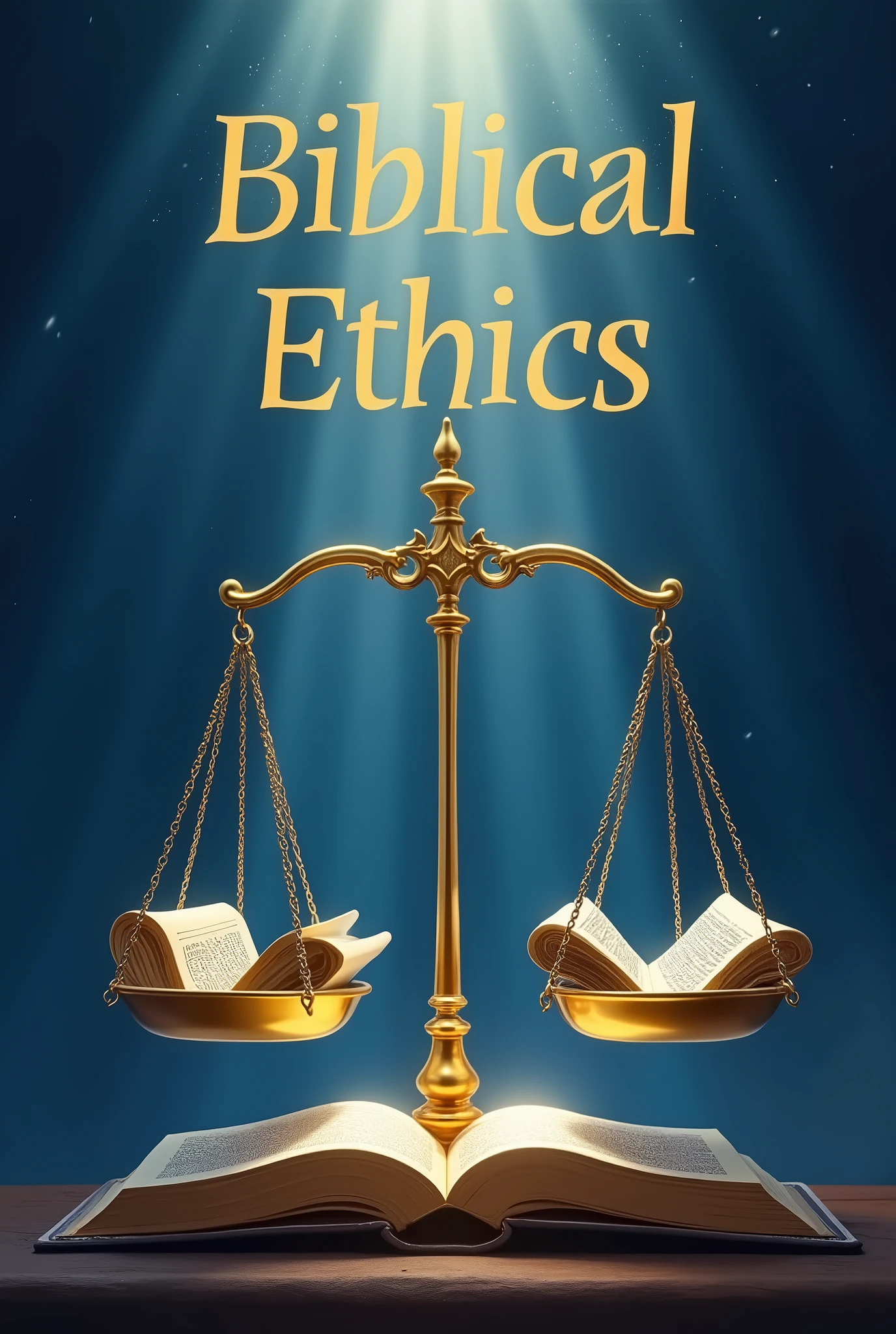 Create a scene with a centered golden scale, balanced, holding a Torah in one hand and an open Bible in the other. Ao fundo, a clear sky with rays of divine light descending, symbolizing enlightenment and the search for justice and ethics. Use shades of gold and deep blue to give a sense of seriousness and depth., with a touch of divine light. Add the title 'Biblical Ethics' in PORTUGUESE in a serif font, elegant and classic, in gold or white, contrasting with the background.