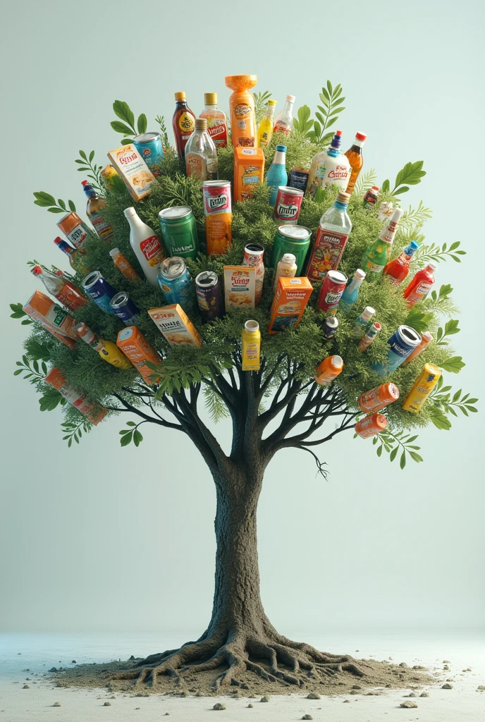 A tree with plastic packaging representing the company&#39;s employees and name
