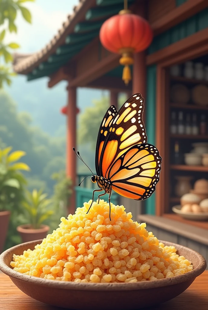 Create a drawing of a butterfly landing on a northeastern couscous, for a regional tapioca store in the northeast