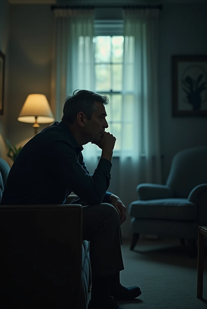 A man sitting in a room thinking about a woman 