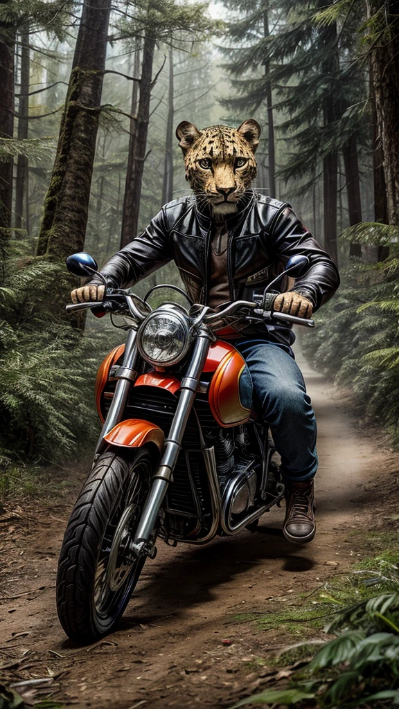 Leopard running on a motorcycle in the forest 