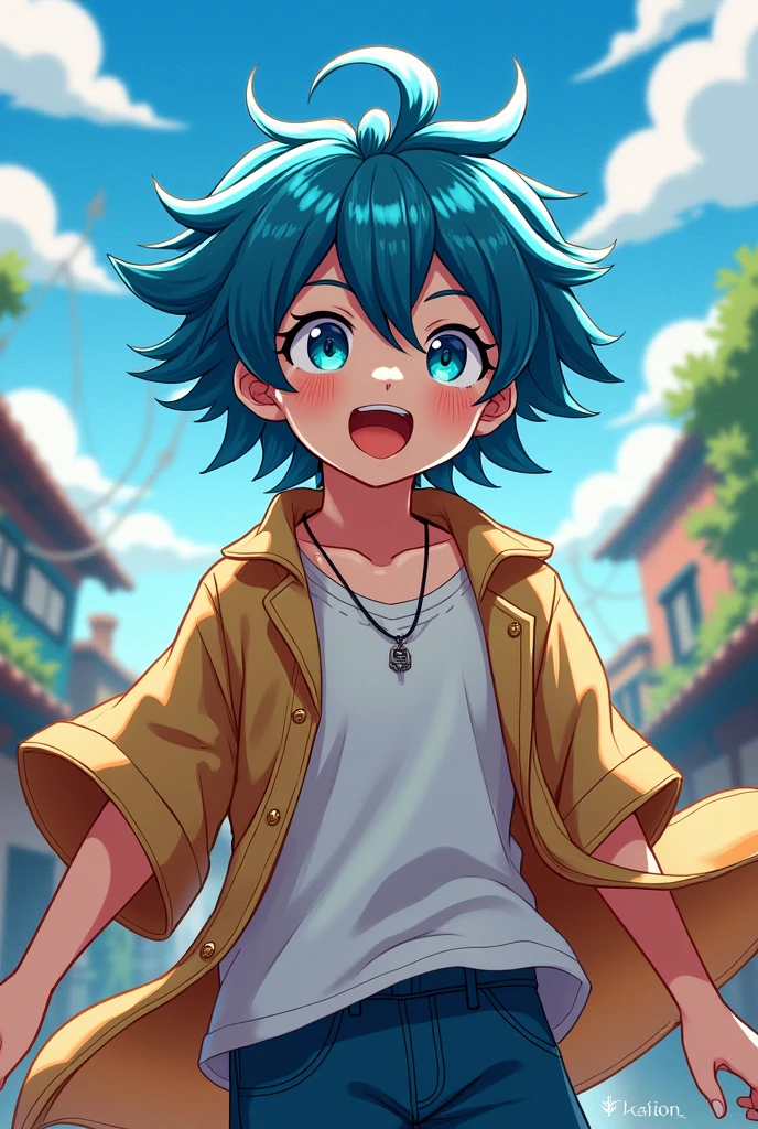 Create a crazy young anime style boy with open haori and long hair touching the shoulder with blue tips