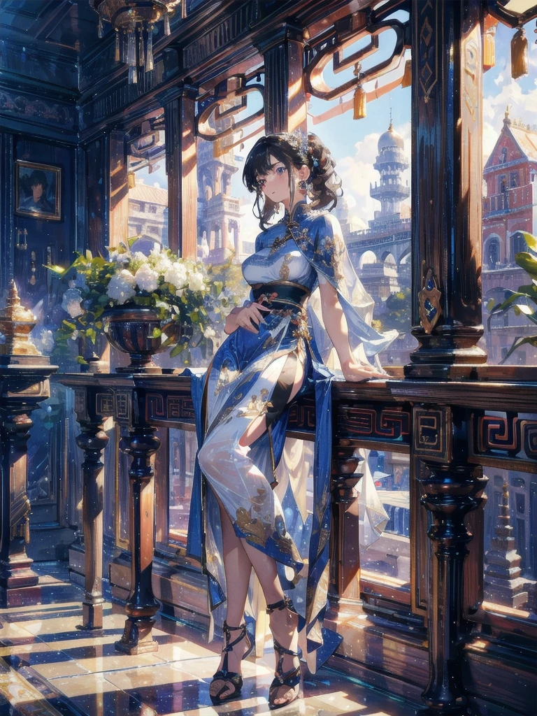 absurdres, RAW photo, extremely delicate and beautiful, masterpiece, Highest Quality, ultra high resolution, 32k, hyperrealistic, realistic, photorealistic, photo-realistic, Real, ultra-detailed, Very detailed CG 8k wallpaper, detailed background, landscape, Beautiful Lighting, Perfect Lightning, Realistic Shadows, perfect ???????, anatomically correct, ideal ratio body proportions, perfect figure, Perfect Style, Perfect balance, super Detailed skin, 20 years old, very Slim body, narrow waist, very small head, very small face, delicate facial features, handsome detailed woman, very detailed eyes and face, realistic face proportions, Realistic beautiful face, Realistic beautiful eyes, tearful mole, earring, very huge round tits, medium hair, asymmetrical hair, wavy hair, thigh, knee, jewelry, skirt, hair adornments, Chinese clothes, sheer transparent clothes,
