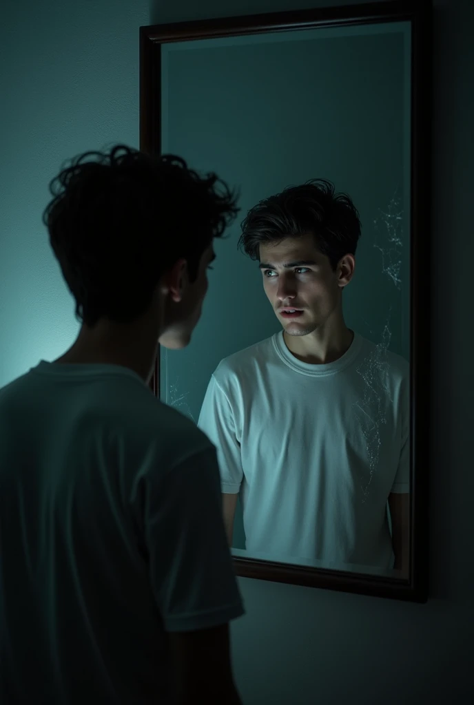 A scared young man in front of a mirror
