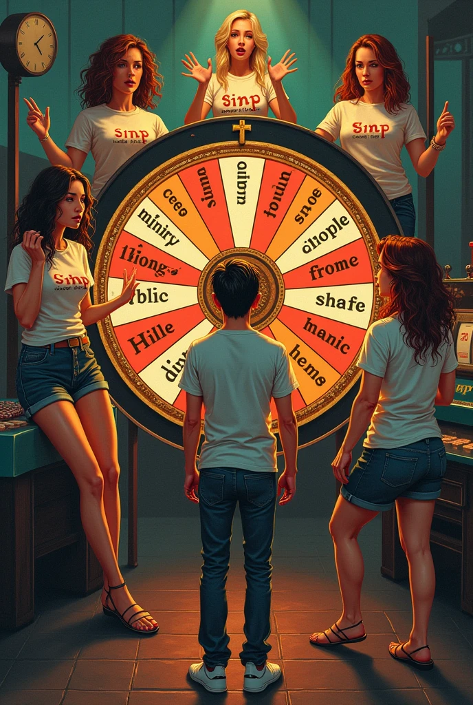 The wheel of Fortune with the word simp pandering, Lane, I’m not like him, I treat you right, why you don’t like me, on the wheel with Casino machines slots, with all kind of sheep woman from big fat skinny obese with shirts on that say I don’t need a man while men are standing around begging