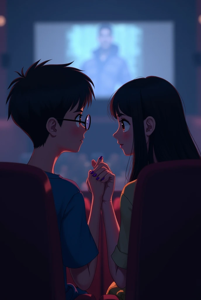 a couple, boy with circular glasses wide face , girl without glasses and long hair, purple nails, watching a movie in front of me in the cinema, trying to secretly shake hands