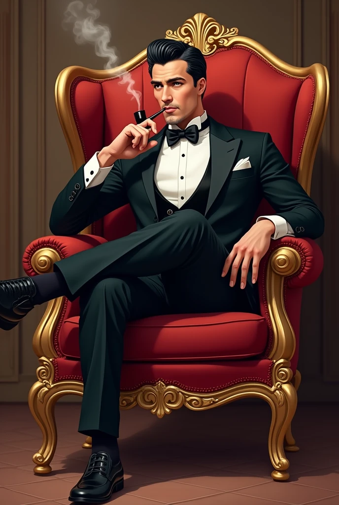 a man in a elegant suit and bowtie, sitting in a luxurious velvet armchair, one leg crossed, holding a pipe, looking forward with a sophisticated expression, detailed 2d cartoon, intricate design, warm color palette, ornate patterns, cinematic lighting, dramatic shadows, highly detailedالرسوم التوضيحيّة, خلفية بسيطة, إطار الصورة, تفاصيل, تفاصيل, 