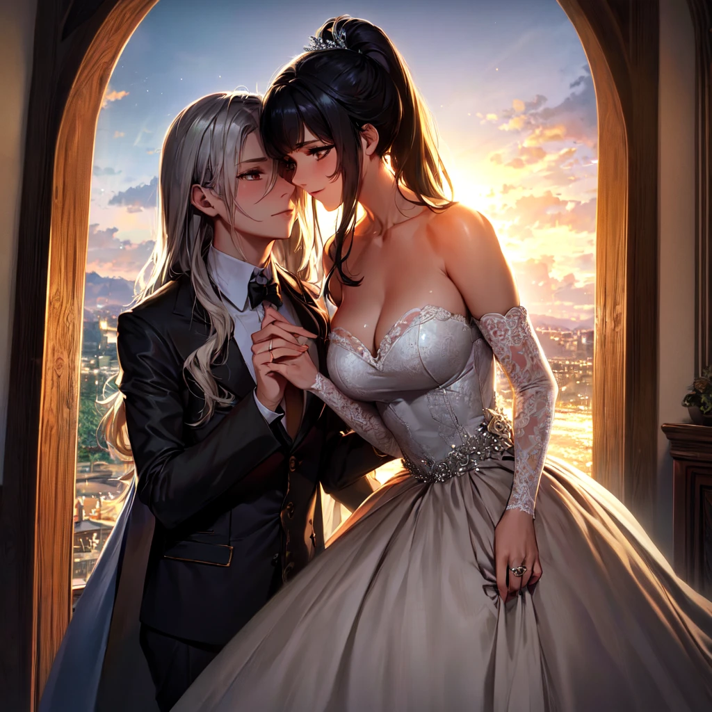 masterpiece, Best quality, masterpiece, Best quality, masterpiece, Best quality, masterpiece, Best quality, high quality, detail_skin, Beatifull_hair, detail_hair, Beatifull_hands, hands_detail, High detail, Ultra detail, HD, 4k, 4280x2240, depth field, (HDR:1.9), Correct anatomy, a masculine boy with short hair black hair abundant brown eyes with full wedding suit from groom to gentleman's suit and Palto flu pants and a girl with very long hair messy hair curly hair wavy hair (((silver hair))) high ponytail with yellow eyes in wedding dress, Dream wedding dress. love. Hand in hand looking at the New Year's sunset sunrise while kissing at church wedding with wedding rings on boy finger and wedding rings on girl finger and smiles, detail, ultra-detail, correct_position, correct_texture, correct_colors, correct_shading, correct_cgi, correct_body, correct_anatomy, correct_proportion, (correct_complete_body), source_anime,score_6_up,score_7_up,score_8_up,score_9, (Beautiful eyes), (detail_eyes), Eyesclothing cutout, veil,see-through,wide sleeves, white leotard,long sleeves,frilled sleeves,frills,bridal veil, Detailedface, artist(ReDrop), Romántica style sleve, EasyNegative_pt , beatifull_detail,