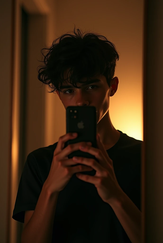 Can you generate an image for me of a handsome 14-year-old boy taking a photo in the mirror and covering his face with the phone? SUPER MEGA IPER ULTRA REALISTIC 1 boy so that his face is not visible, more handsome?