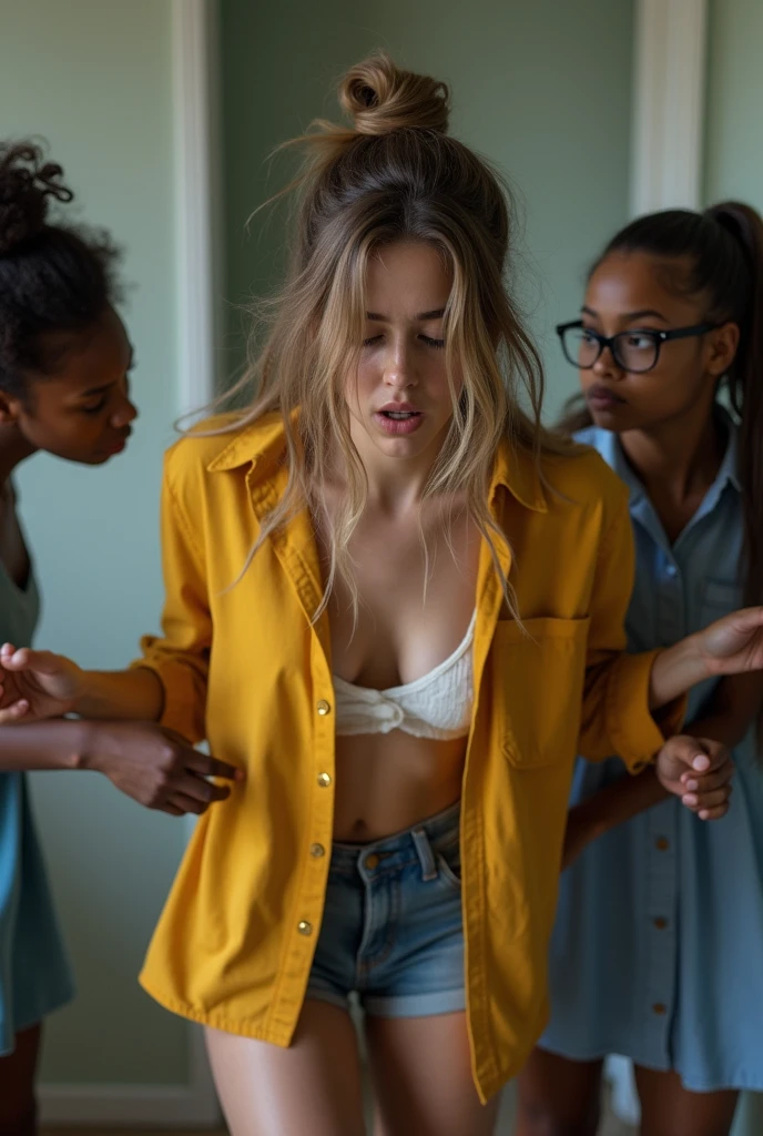 Create a photo of a 30 year old young woman, with long light brown hair tied in a ponytail with a lock of hair over her face, slender and beautiful body, wearing jean shorts and an open yellow shirt without a bra with bare breasts, with white and clear skin, terrified as she is being brutally dragged across the floor by her hair by two teenage girls, dark-skinned, obese, ugly, low, with short hair who is wearing a blue dress and glasses