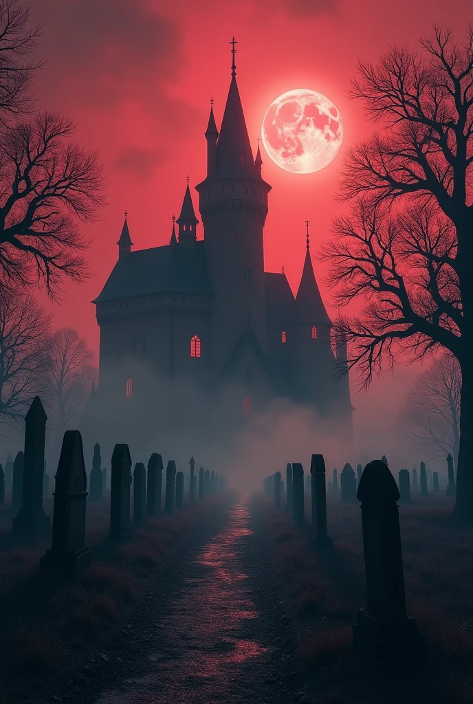 create a halloween flyer in a whole photo, but only put images, no text, I want a cemetery with fog in red colors, I also want a castle in the middle of the cemetery, no text or writing halloween, I want something that reminds me of horror movies, something really impactful.