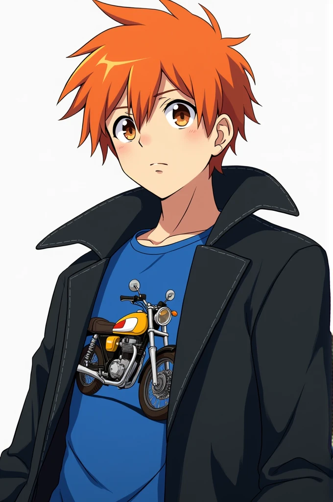Anime boy with orange hair, white skin color, black coat, blue shirt with a drawing of a motorcycle, brown eyes