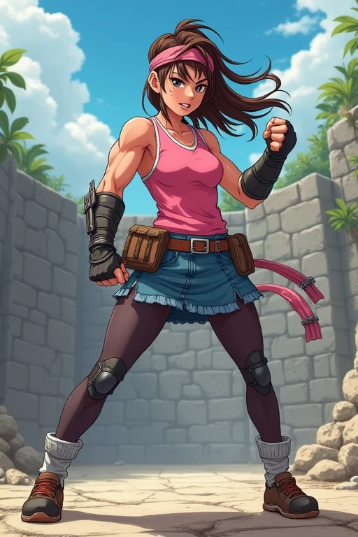 Woman warrior、(Kick)、anime、Are standing、shout、Bullish expression、gloves、Utility Belt、Sweat、(Stone outdoor arena)、Trained biceps、Medium Hair、(Pink jersey)、Shingard、Knee pads、Shoulder Armor、Chest Armor、head band、Denim skirt、tights、Brown Hair、Elbow pads、