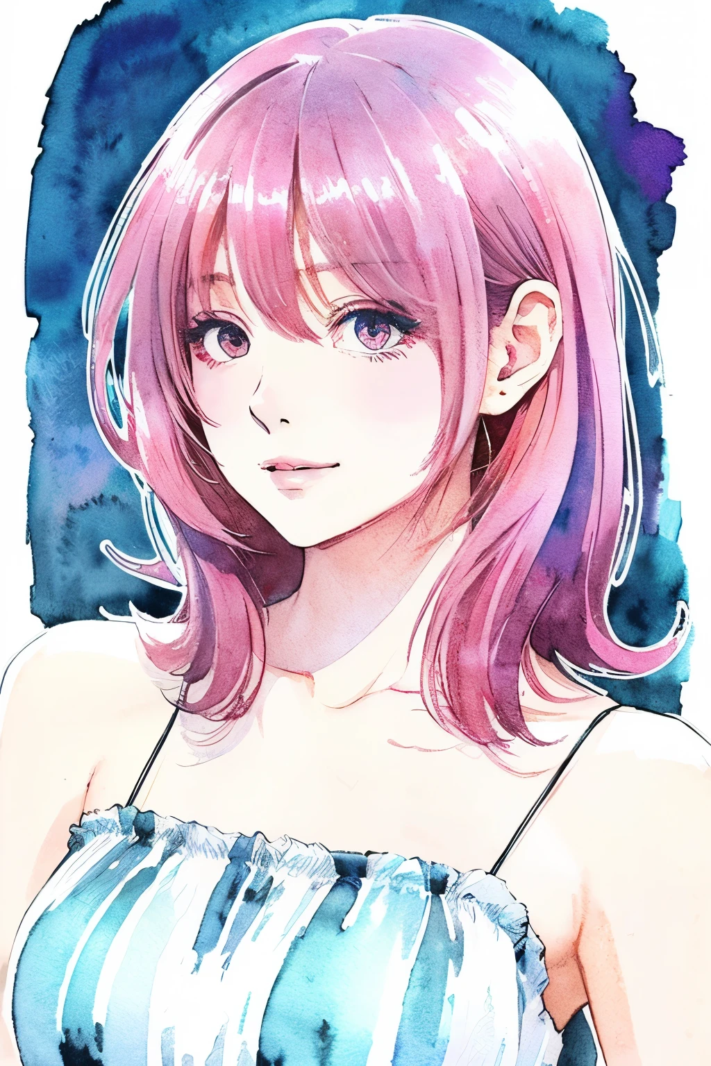 Watercolor、(Illustration style)、(Showa Anime)、Woman looking this way、(highest quality)、Stylish, detailed background、medium length Hair, dark pink hair color, Japanese girl