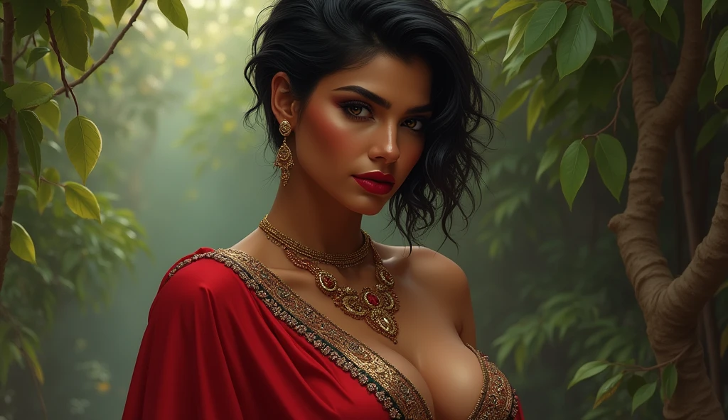 wolf cut hairstyle erotic hindu Indian wife super big fake lips red lipstick super delicious body saree bra chubby body