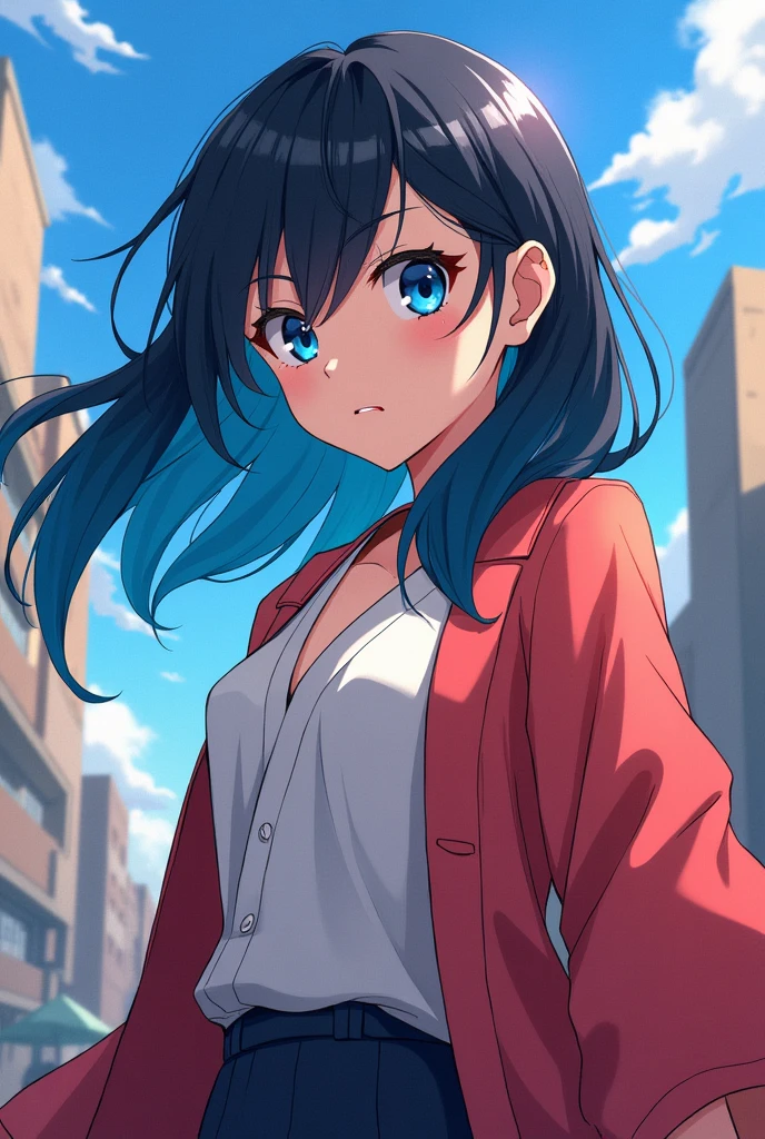 Create a stubborn young anime style ager with open haori and long shoulder-length hair with blue tips