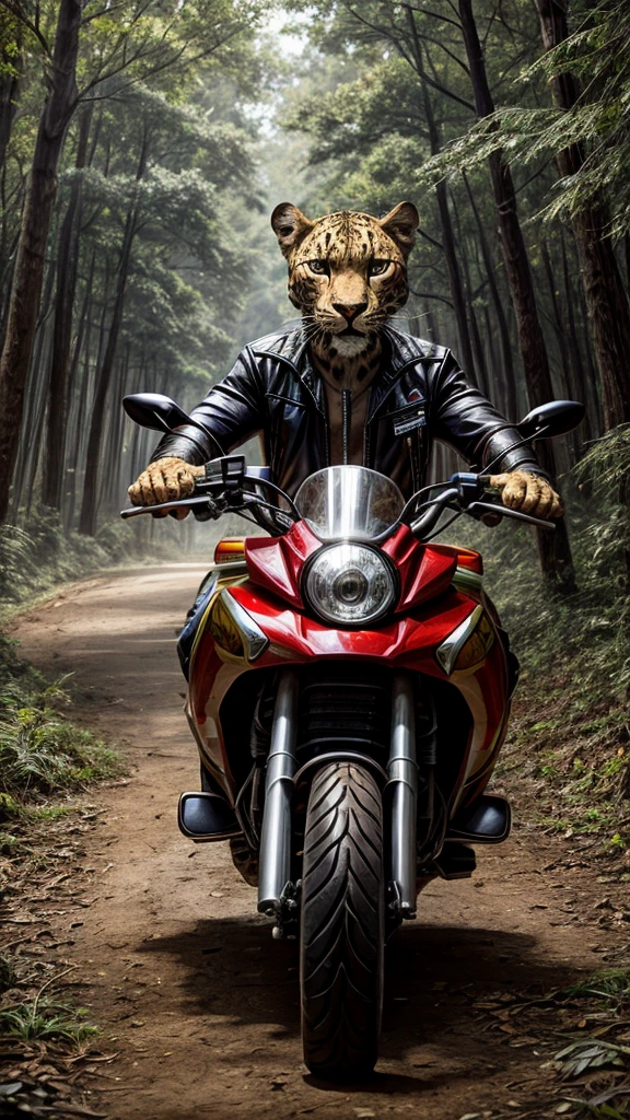 Leopard running on a motorbike taking a photo, at the forest