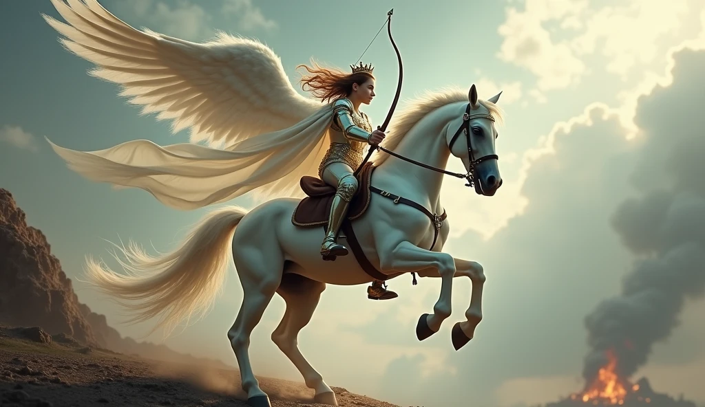 Young knight riding a white horse , hair in the wind WITH A BOW IN HER RIGHT HAND, BEAUTIFUL CROWN AND WINGS LIKE DESCENDING FROM THE SKY WITH APOCALYPTIC SCENARIO