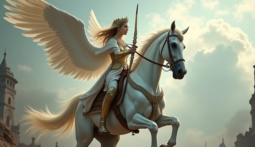 Young knight riding a white horse , hair in the wind WITH A BOW IN HER RIGHT HAND, BEAUTIFUL CROWN AND WINGS LIKE DESCENDING FROM THE SKY WITH APOCALYPTIC SCENARIO