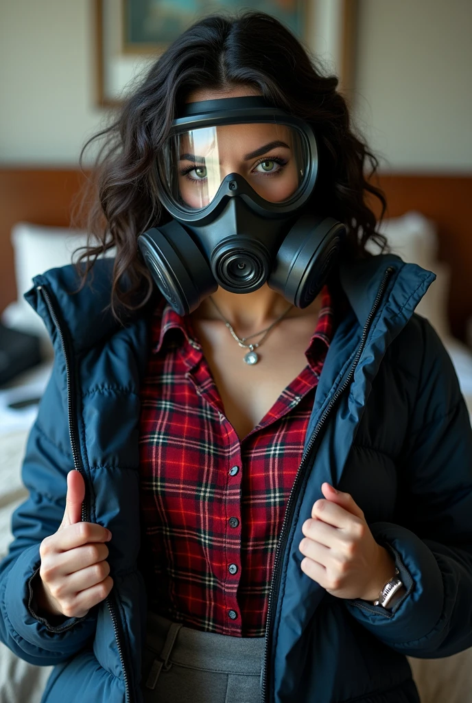 Full body misterious completely hidden face and mouth by rubber full face anti-gas mask with 2 eye goggles over head, mouth and nose, white skin latin woman, 5'7" tall, medium lush black hair, deep green eyes, wearing zip up dark blue quilted down nylon jacket with golden buttons, closed zipped up gray hoodie jacket under nylon jacket, black bell bottom pants, rolled up sleeves, zipping up jacket, up collar, cleavage, open red and black plaid formal button down blouse under hoodie jacket, happy smile, lying on bed, medium breasts, touching nipples, high hill sandals, summer sunny day, bag, watch and bracelet, neck chain, ear rings