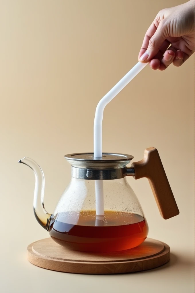 Kettle with wooden handle being boiled, with a bendable plastic straw