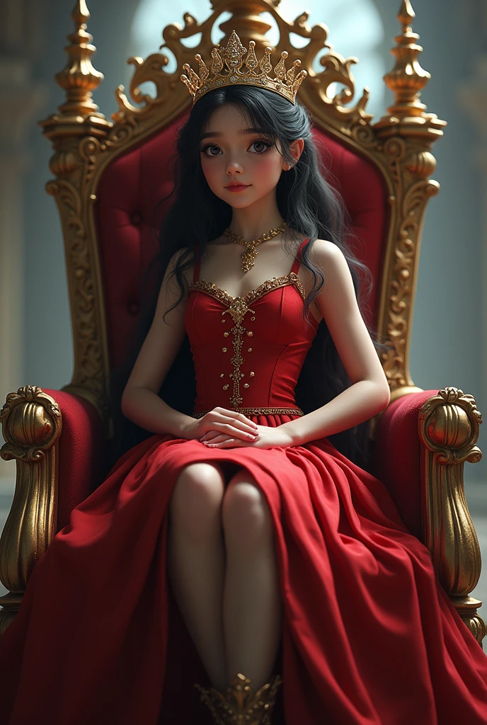 Create a fantasy image: a young girl sitting on a throne, Raven haired, with a red dress perfectly fitted to her body,chocolate brown eyes, queen&#39;s crown on her head. a young man kneeling in front of her dressed as a king