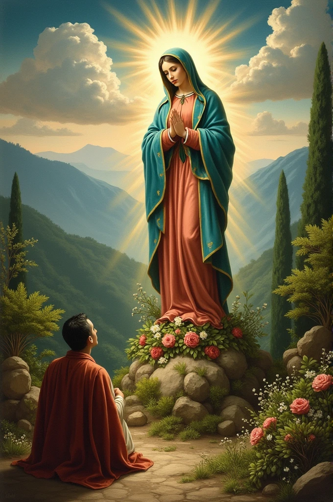 Virgin of Guadalupe in a landscape and Juana Diego 