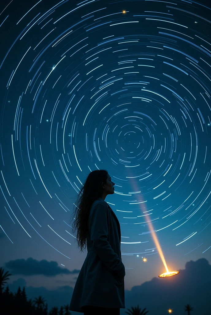 long exposure of starry sky with many circular orbits, focus on the stars, a flying saucer, radiates light downwards,silhouette of a young European woman with long hair with her hands in the pockets of her coat looking up,golden ratio,shooting stars, two of them yellow,silhouette of a luminous human outline in front of her