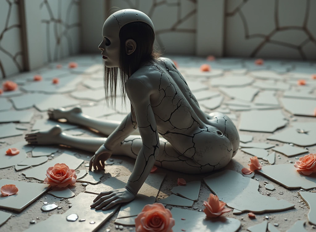 Death of a beautiful humanoid female, broken android, digital art, cracked porcelain face, futuristic look, captivating, skull, fragile, emotional, shatter into fragments, shattered glass, shattered pieces of a woman body, made of porcelain, broken, destroyed, abstract patterns, tile art, roses, ((medium full shot photography:1.5)), cinematic, white and light gray, shallow depth of field,