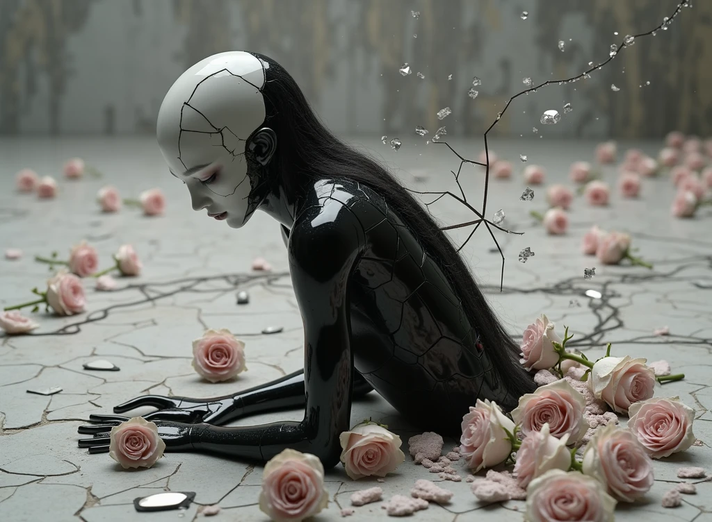 Death of a beautiful humanoid female, broken android, digital art, cracked porcelain face, futuristic look, captivating, skull, fragile, emotional, shatter into fragments, shattered glass, shattered pieces of a woman body, made of porcelain, broken, destroyed, abstract patterns, tile art, roses, ((medium full shot photography:1.5)), cinematic, white and light gray, shallow depth of field,
