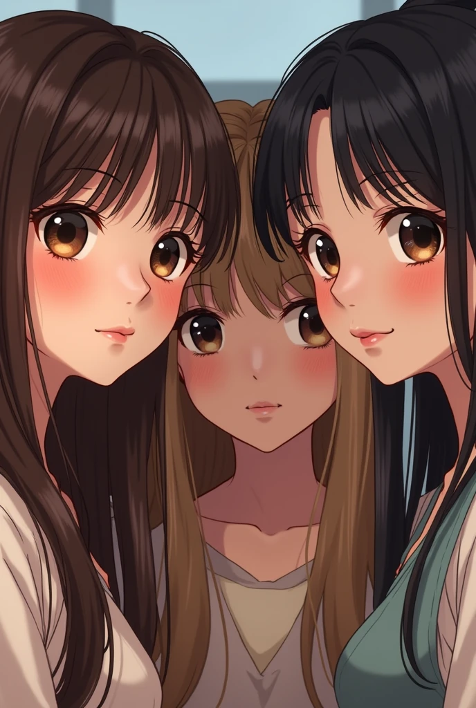 Korean woman,18 years, long,thick,Brown hair,big,Brown eyes,Doll Appearance.There is a Korean woman standing next to me,16 years,blonde,long волосы,big,Brown eyes. There is a Japanese woman standing nearby,long,Brown hair,big,Brown eyes.
