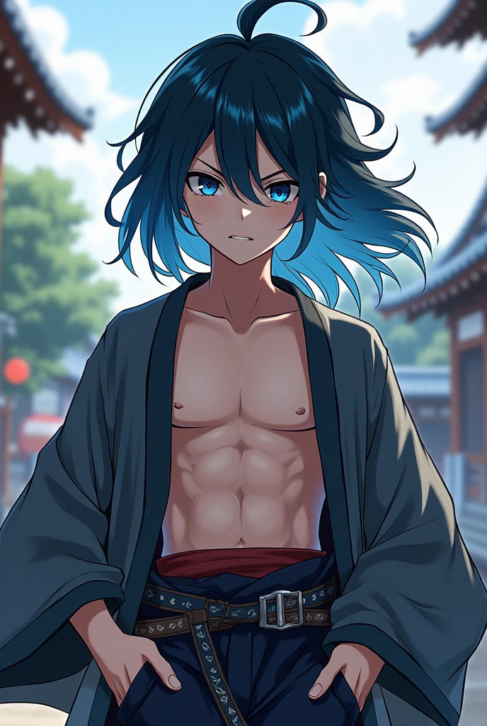 Create a young stubborn anime style teenage boy with open haori and long hair touching the shoulder with blue tips