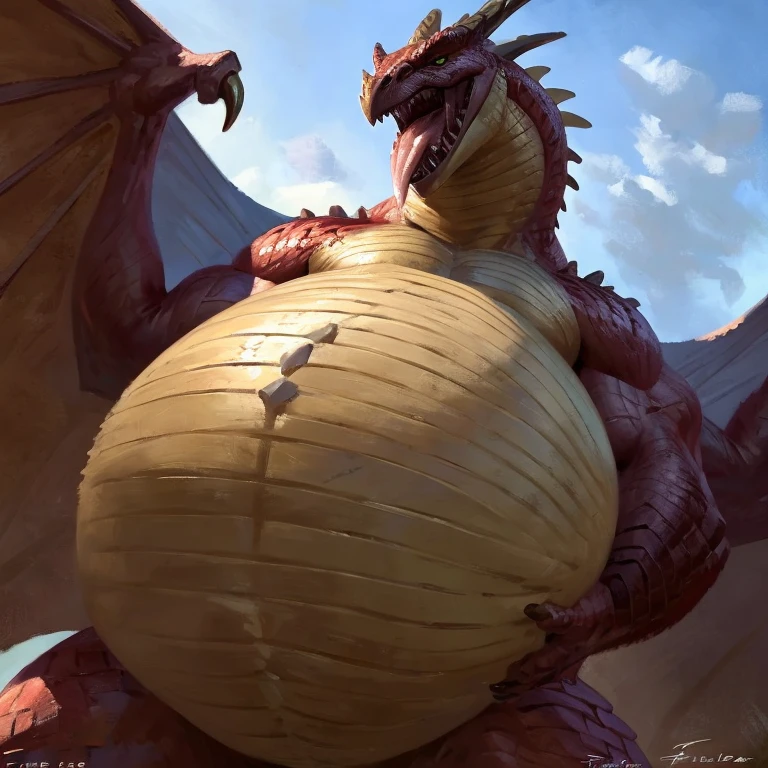 Detailed painting, by Taran Fiddler, closeup, outlook view, wide angle, dragoness, full body, feral, dainty, friendly, colorful, rounded snout, wings, pregnant-like belly, round belly, dominant belly, huge belly, bloated belly, big muscles, wide body, thick body muscles, powerfull muscles, beefy muscles, thick neck, tongue out, open mouth, saliva, hungry, voracious, glutonous, tall, enormous, giant, gigantic, colosssal size, gargantuan, kaiju, powerfull look, badass look, looking at viewer, vore
