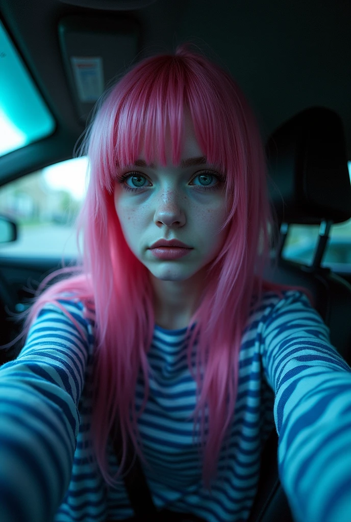 emo girl, all pink hair, depressed look, blue and white striped long sleeve shirt, inside the car, Selfie, Horror lighting