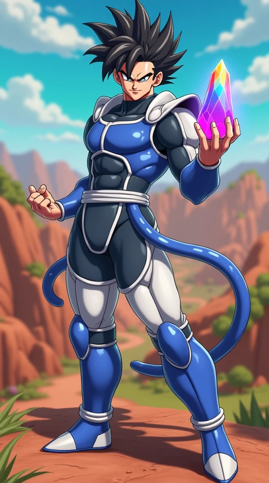 1 anime boy, saiyan man, shallot from dragon ball legends, holding rainbow crystal, mountainous rocky landscape, lush foliage, fortnite style, beautiful detailed eyes, black hair, black eyes, black eyeslase, monkey tail, blue armor, beautiful detailed lips, extremely detailed face and features, long eyelashes, intricate details, vibrant colors, dynamic composition, dramatic lighting, cinematic atmosphere, masterpiece, (best quality,4k,8k,highres,masterpiece:1.2),ultra-detailed,(realistic,photorealistic,photo-realistic:1.37)
