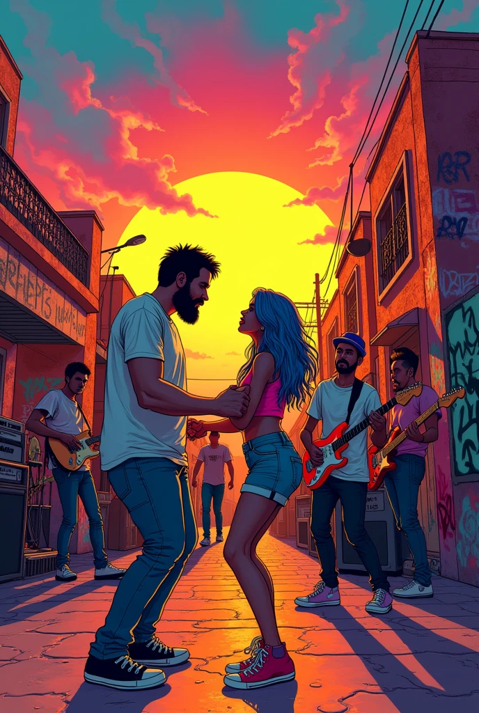 batman style comic, with a psychedelic sunset, in Tepito.
A rock band playing. With a drummer, little white, chubby slanted eyes, short hair; un guitarrista moreno flaco y short hair; a vocal guitarist with medium hair and a short beard; a fat bassist, dark-skinned and with a poker pie hat.
In the center a couple dancing cumbia, Short woman, little guerilla, long blue hair and the man with a tall, dark and robust beard wearing a Ramones t-shirt, both wearing Converse
