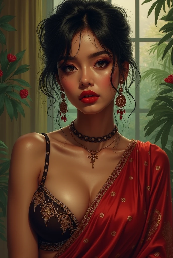 wolf cut hairstyle erotic hindu Indian wife super big fake lips red lipstick super delicious body saree bra chubby body