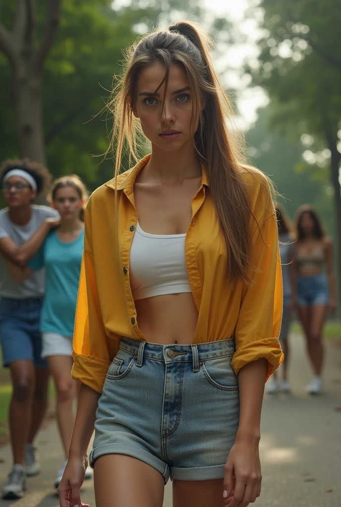 Create a photo of a 30 year old young woman, with long light brown hair tied in a ponytail with a lock of hair over her face, slender and beautiful body, wearing jean shorts and an open yellow shirt without a bra with bare breasts, with white and clear skin, terrified as she is being brutally assaulted and pushed to the ground by two age girls, dark-skinned, obese, ugly, low, with short hair who is wearing a blue dress and glasses
