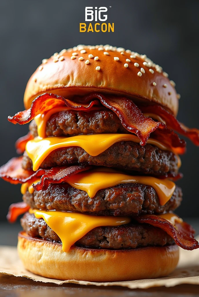 create a promotional image for a snesk artisanal burger, no lettuce, with cheese. PUT THE NAME BIG BACON on top of the image.