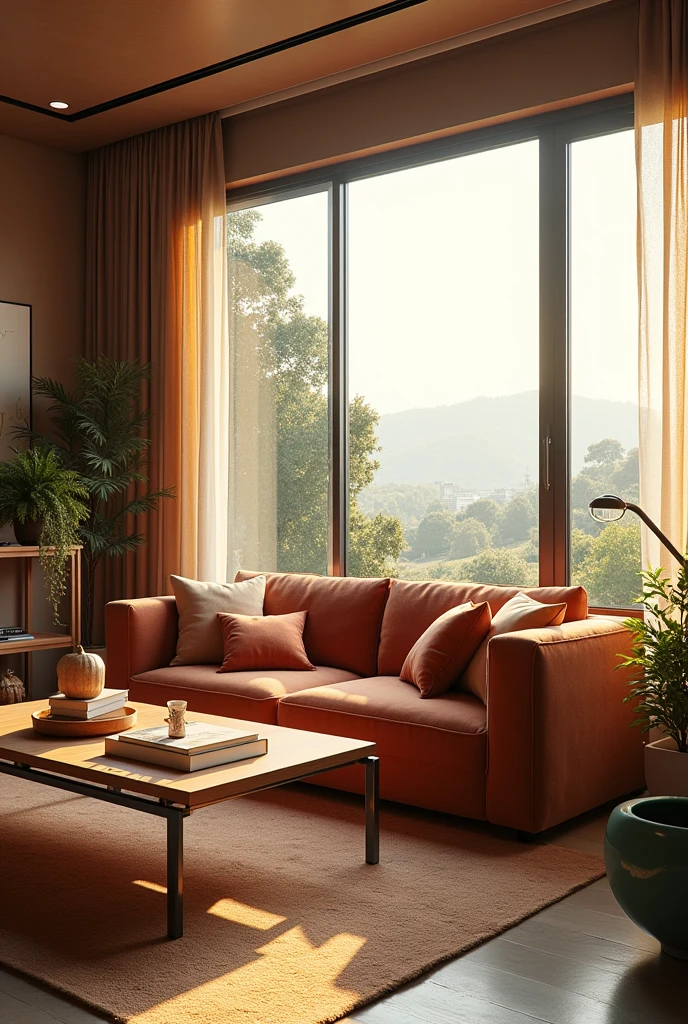 living room with sofa, Coffee table, and a big window, warm colored furniture, rendered in lumion pro, renderizado em corona, Unreal Engine Rendering 6, in 3D rendering style, with photorealistic lighting, detailed archviz render, Highly detailed rendering, rendered in unreal engine 5, rendered in lumion, high quality 3D rendering