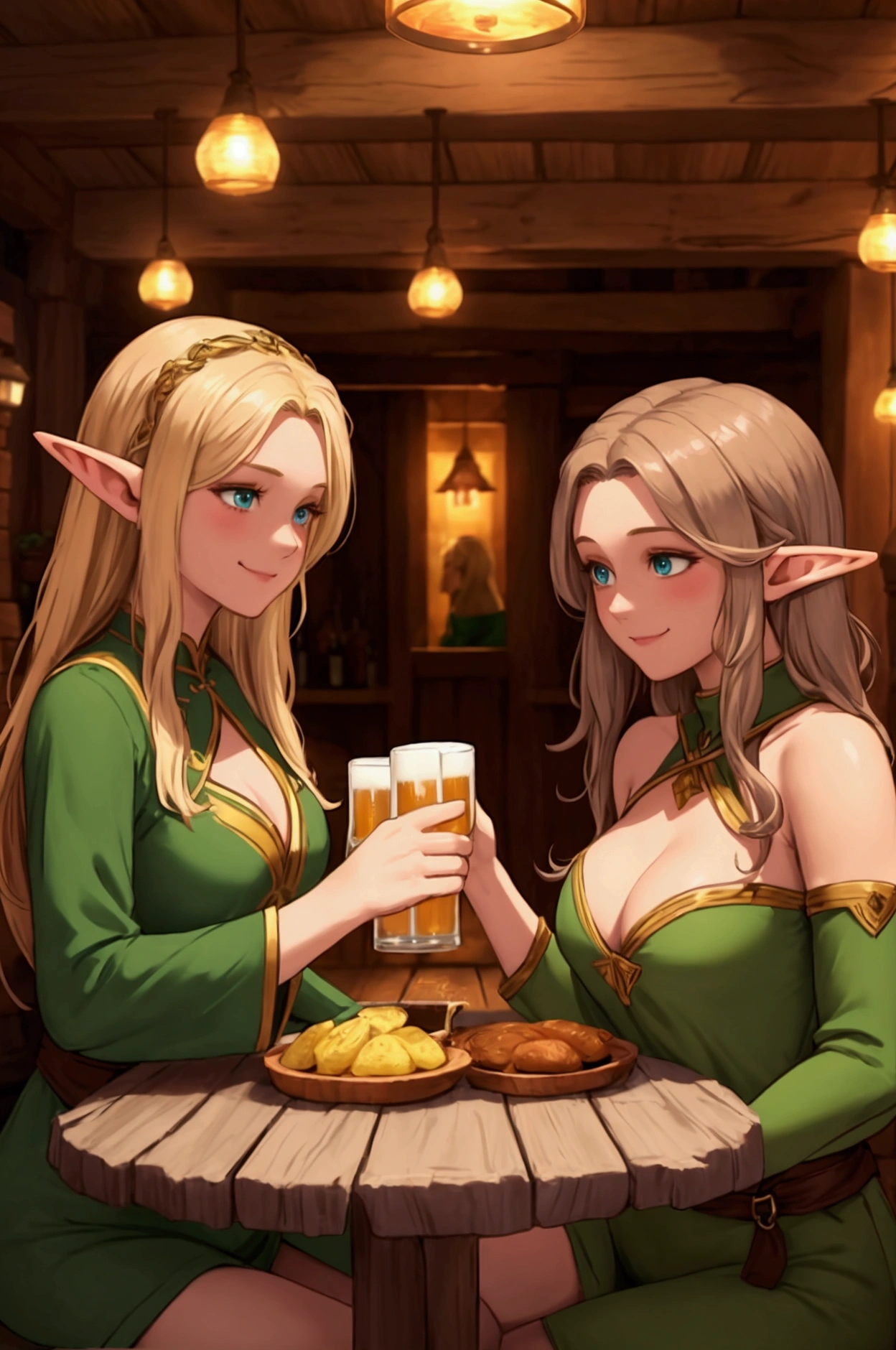 Create an image with the characteristics defined
Three elf women sitting at a table in a medieval tavern, sharing laughter and holding beer mugs. The elves have pointed ears, large expressive eyes, and warm smiles. The first elf on the left has short light brown hair, green eyes, and wears a black outfit with a low neckline. The second elf in the center has dark brown hair, brown eyes, and wears a brown outfit. The third elf on the right has long blonde hair, blue eyes, and wears a green outfit. All have blushing cheeks, as if they are joyful and relaxed. The lighting is soft, with warm lights highlighting the happy expressions and the cozy atmosphere of the tavern. The background of the image shows a blurred tavern setting, with wooden details and soft yellow ambient lighting. The composition is centered on the elves, with the perspective showing them from the waist up. The image should have an anime digital art style, inspired by fantasy animations, with rich color details and soft shadows creating a warm and friendly atmosphere. The smooth texture of the characters' skin and the shine on the beer mugs reflecting the tavern's light should be emphasized.
