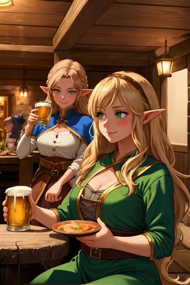 Create an image with the characteristics defined
Three elf women sitting at a table in a medieval tavern, sharing laughter and holding beer mugs. The elves have pointed ears, large expressive eyes, and warm smiles. The first elf on the left has short light brown hair, green eyes, and wears a black outfit with a low neckline. The second elf in the center has dark brown hair, brown eyes, and wears a brown outfit. The third elf on the right has long blonde hair, blue eyes, and wears a green outfit. All have blushing cheeks, as if they are joyful and relaxed. The lighting is soft, with warm lights highlighting the happy expressions and the cozy atmosphere of the tavern. The background of the image shows a blurred tavern setting, with wooden details and soft yellow ambient lighting. The composition is centered on the elves, with the perspective showing them from the waist up. The image should have an anime digital art style, inspired by fantasy animations, with rich color details and soft shadows creating a warm and friendly atmosphere. The smooth texture of the characters' skin and the shine on the beer mugs reflecting the tavern's light should be emphasized.