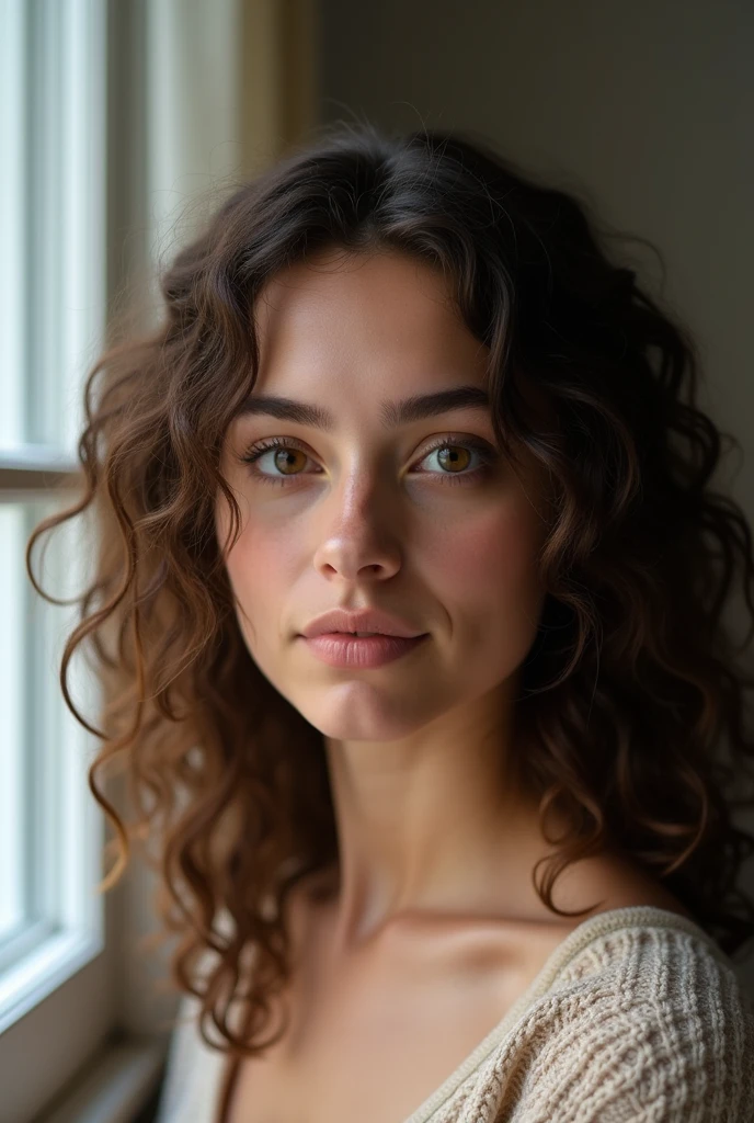 A portrait of a young woman with curly hair, captured with a Canon EOS R5 camera and a 50mm f/1.2 lens. The image is highly detailed, with natural lighting from a large window on the left side. The focus is sharp on her eyes, and the depth of field is shallow, creating a smooth bokeh in the background. Skin texture is visible and realistic.
