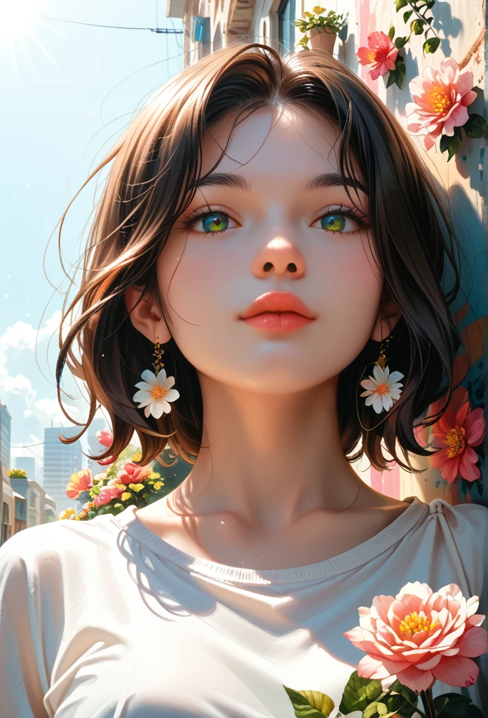 Watase Seizo style, whole body, Low - Angle, Standing in front of a high wall，Simple line initials，Abstract art，Urban Background, (((The most beautiful girl))), Lips in Love, walk, Colorful flowers, colorful, Sunset, Sunset