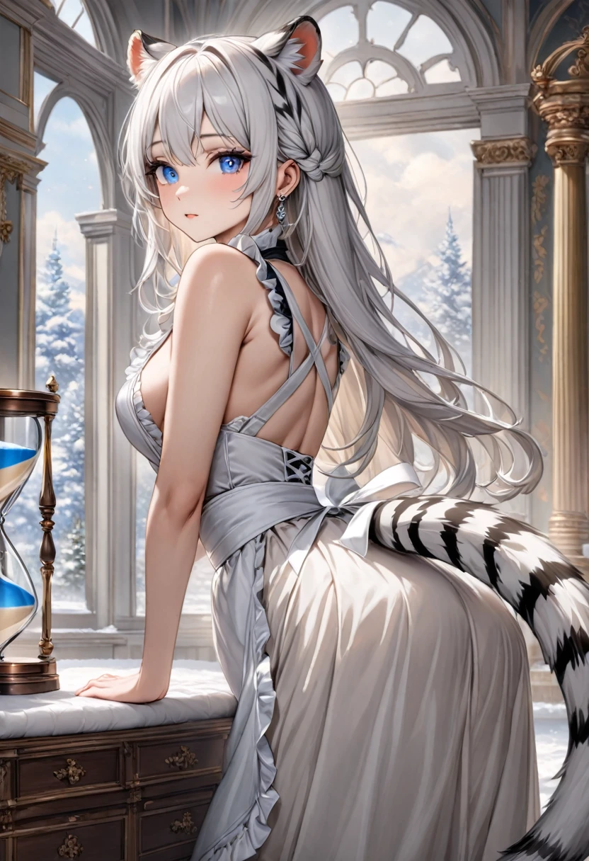 highest quality, ultra high resolution, super detailed, gorgeous, masterpiece, best quality, high resolution finely detailed, extremely beautiful, distinct image, hourglass figure, 1 girl, 2, soft and beautiful facial features, symmetrical face, simple sleeveless black frilly dress, white waist apron, piercing blue eyes, innocent doe shaped eyes, DD-cup breasts, tall height(190cm), slim and slender curvy body, athletic and flexible physiques, flowing snow-white hair, narrow waist, long legs, opulent bedroom background, snow-white skin, hip-level shot, snow-white feline tiger ears, white striped tiger tail protruding out her back, front-view, 