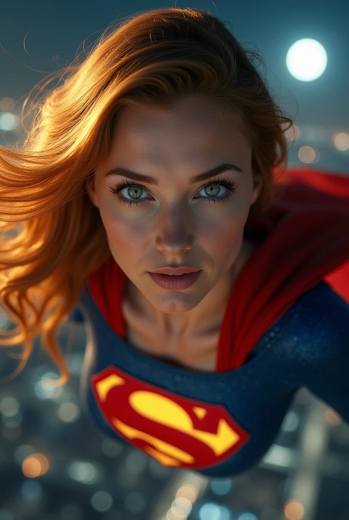A close-up shot captures Supergirl's face as she flies through the night sky, her piercing green eyes filled with resolve. The camera focuses on his strong breasts and the iconic "S" emblem on her chest, which glows faintly under the city lights. The wind ruffles her long orange hair slightly. The lighting is intense, with the moon casting a silver sheen on her sexy heavenly torn suit, highlighting the textures of the fabric. The background is blurred to keep the focus on Supergirl’s expression, showing the determination and strength that define her as a heroïne.