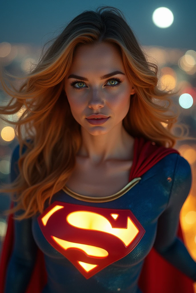 A close-up shot captures Supergirl's face as she flies through the night sky, her piercing green eyes filled with resolve. The camera focuses on his strong breasts and the iconic "S" emblem on her chest, which glows faintly under the city lights. The wind ruffles her long orange hair slightly. The lighting is intense, with the moon casting a silver sheen on her sexy heavenly torn suit, highlighting the textures of the fabric. The background is blurred to keep the focus on Supergirl’s expression, showing the determination and strength that define her as a heroïne.