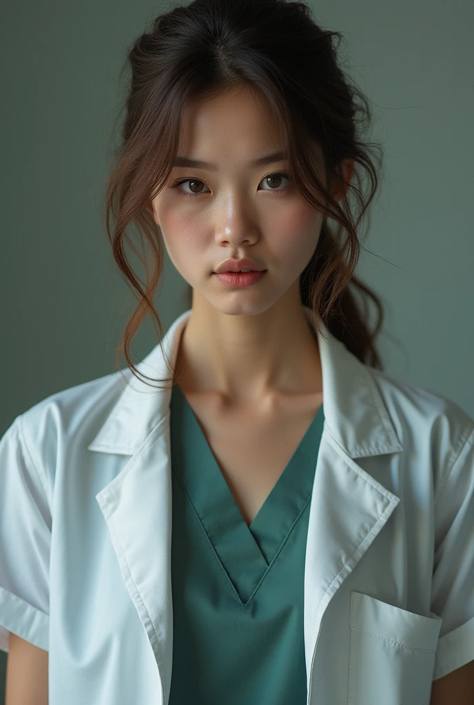 Medical university student, approximately 1m tall.75 meters, slightly pale complexion with long, toned legs, flat abdomen and slightly wide hips with medium-sized breasts, wavy brown hair, Oval face, pink lips and slightly turned up nose, light brown eyes with an aggressive look, slightly wide cheeks, thin and elongated fingers, serious and aggressive face.
