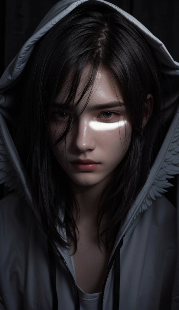 angel man with open white wings, hidden face, ultra realistic, real person, dark, horror, hooded, black clothes